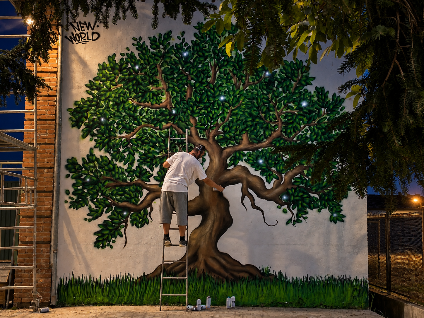 Large tree mural lit at night on an exterior wall