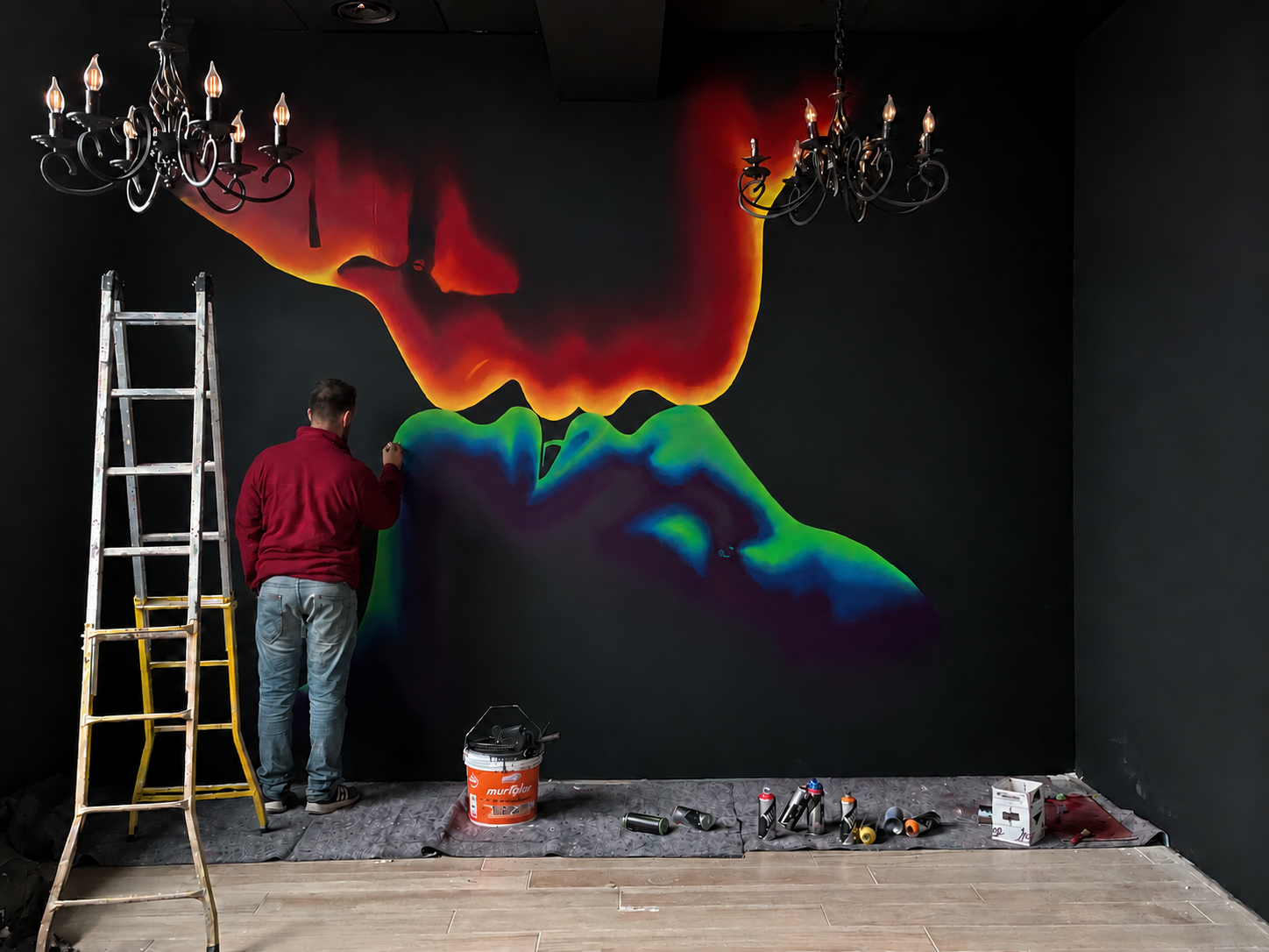 Artist painting a colorful neon mural on a dark wall